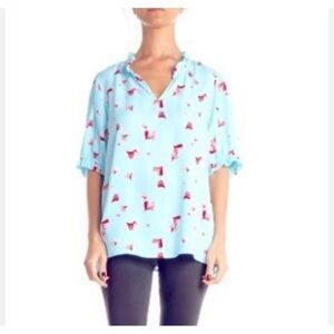 Banana Republic Blue and Red Blouse with Peter Pan Ruffle Collar Size L